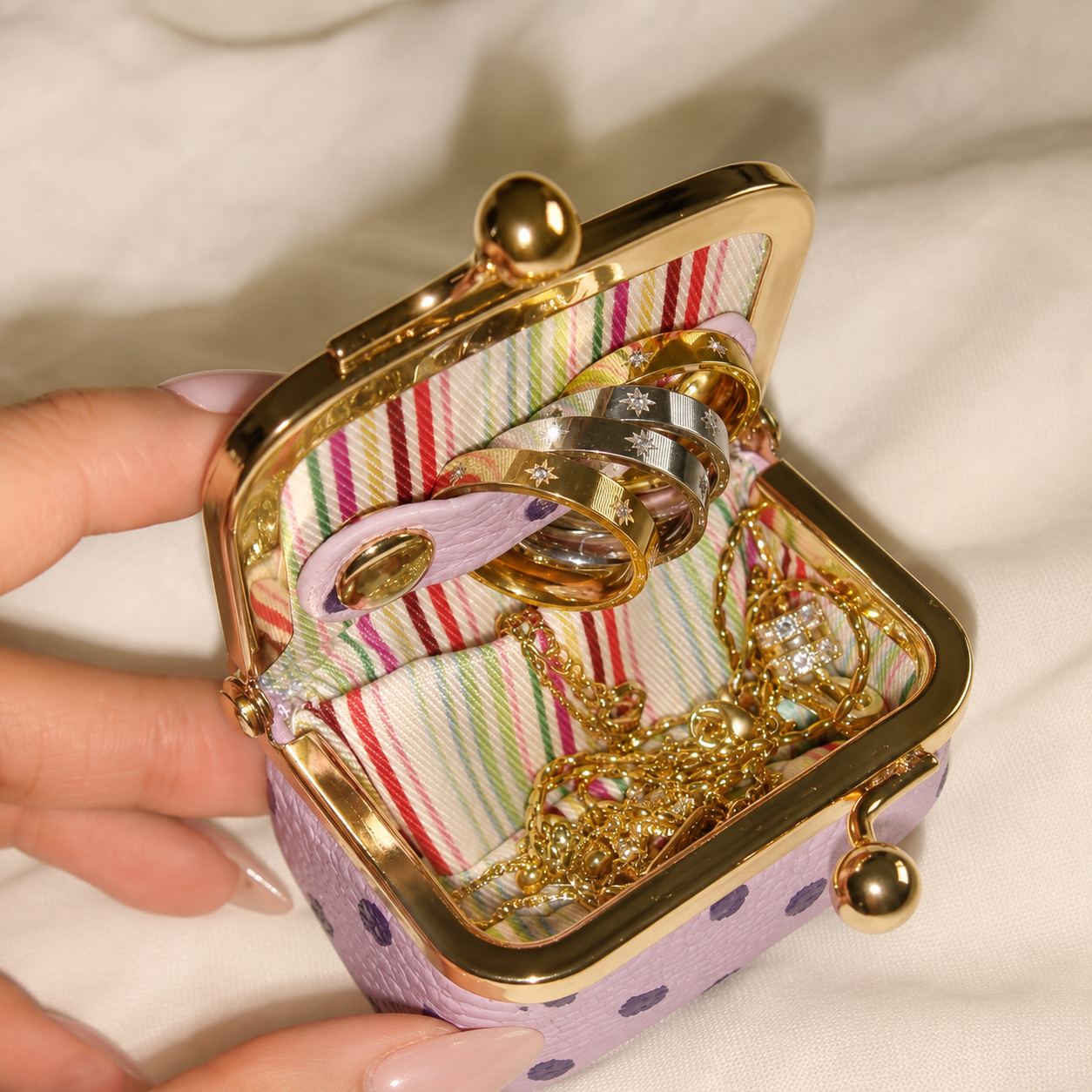 New Retro Mini Polka‑Dot Kiss‑Lock Purse, Portable Jewelry & Coin Pouch for Rings Earrings Necklaces