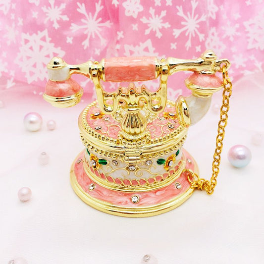 Vintage Enamel Telephone‑Shaped Jewelry Box, Carved Trinket Box for Home Decor & Wedding Ring Storage