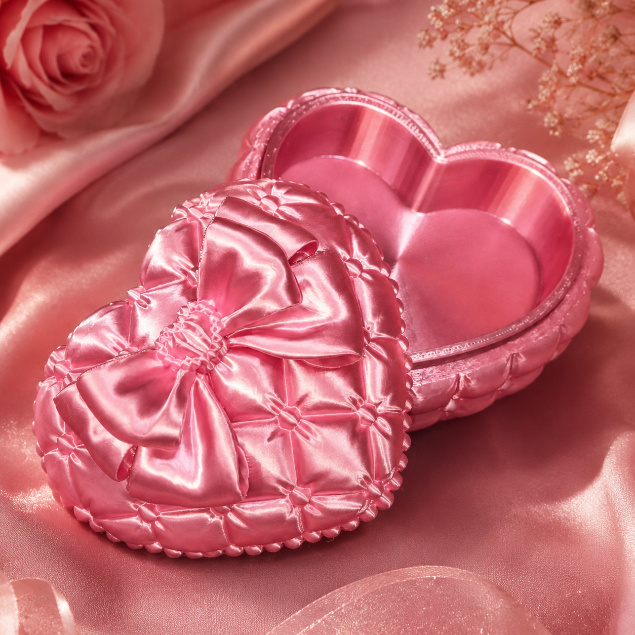 3D‑Printed Heart Bow Jewelry Box, Silk‑Textured Vintage Heart‑Shaped Trinket Storage Case