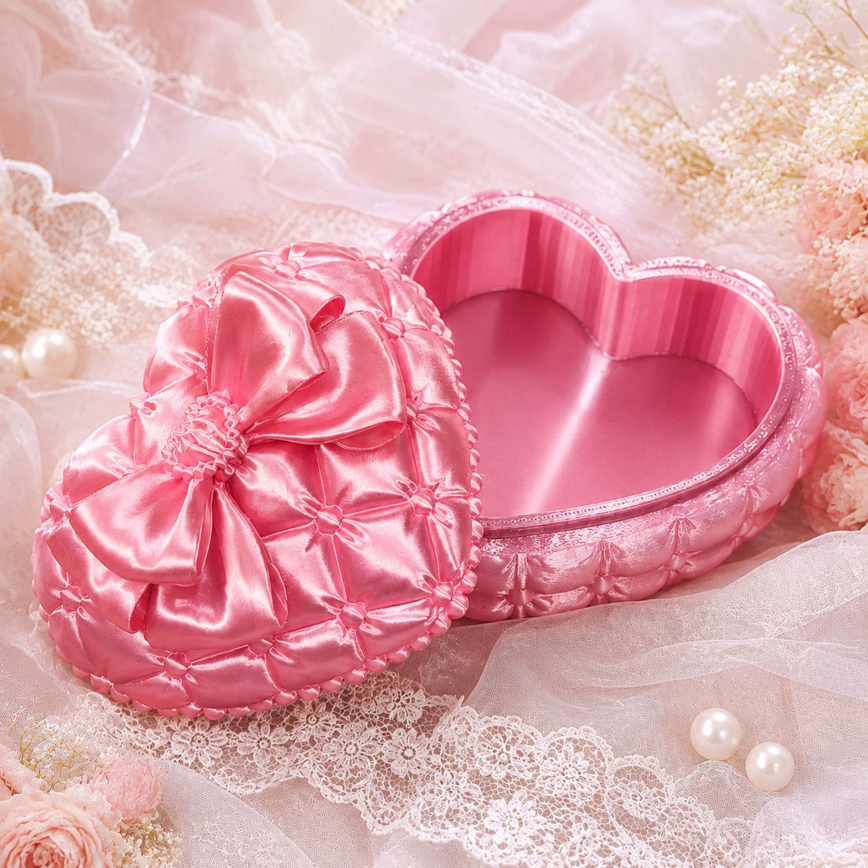 3D‑Printed Heart Bow Jewelry Box, Silk‑Textured Vintage Heart‑Shaped Trinket Storage Case